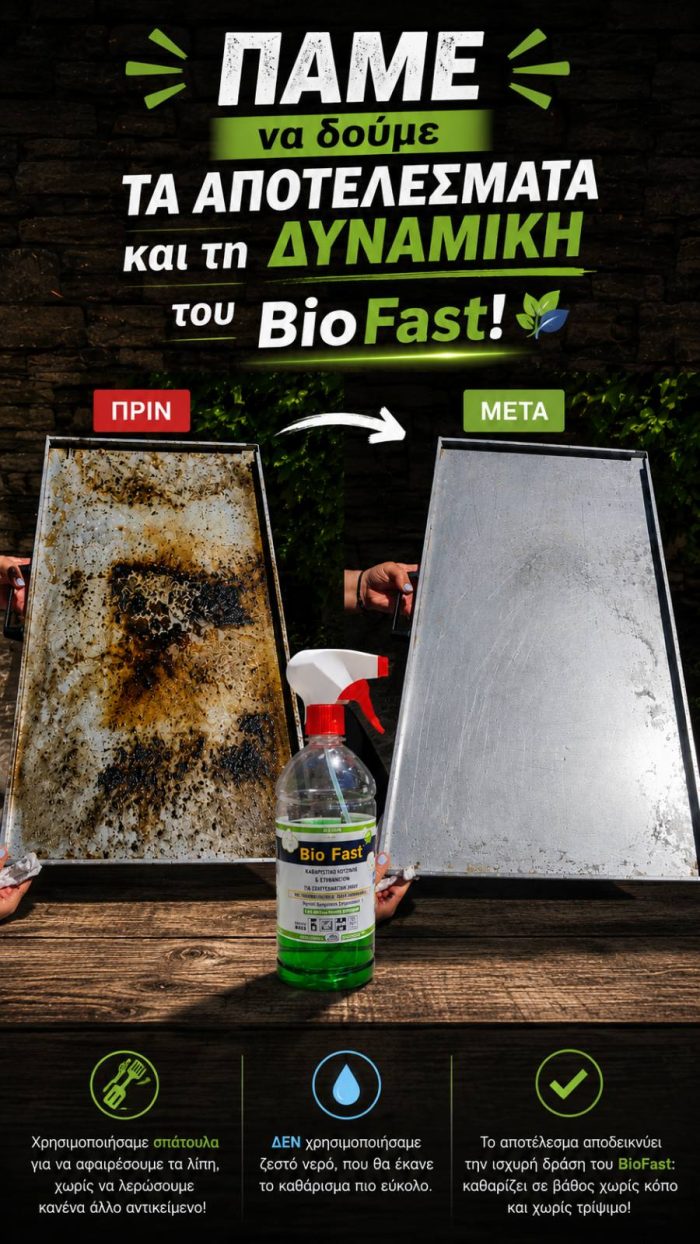 Πριν και μετά τον καθαρισμό σχάρας με Bio Fast: αριστερά βρώμικη σχάρα, δεξιά καθαρή, μπροστά το μπουκάλι Bio Fast.