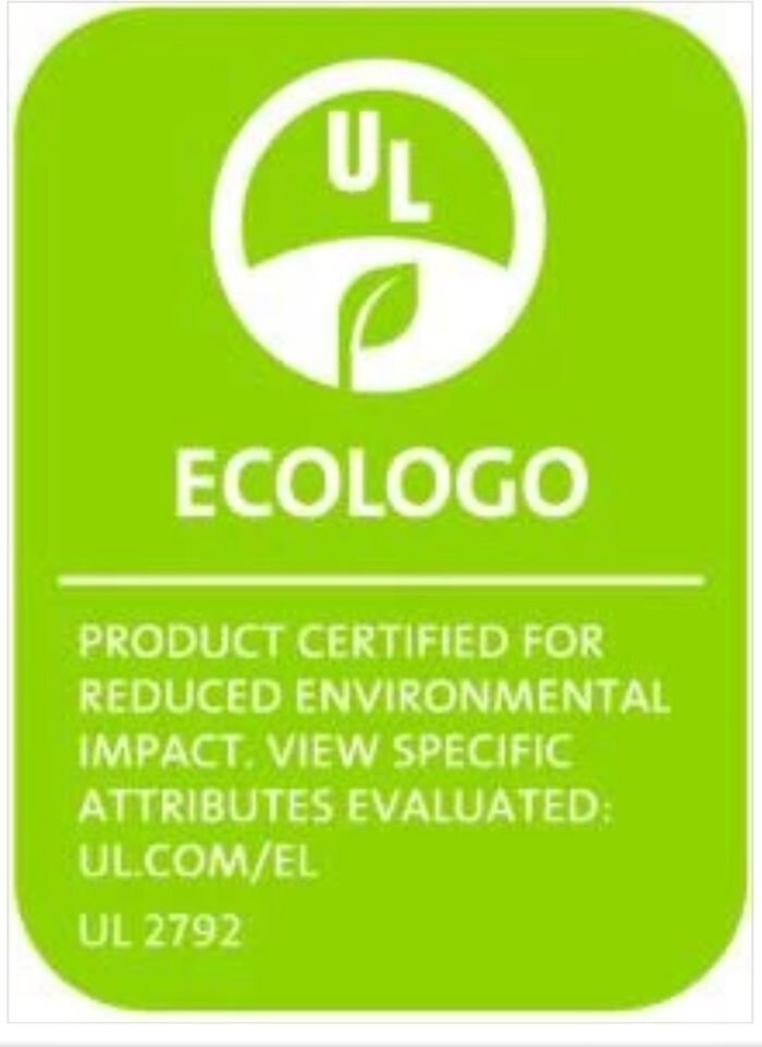 Green UL ECOLOGO certification badge with leaf icon and the word 'ECOLOGO' on a lime background; text about reduced environmental impact is visible.