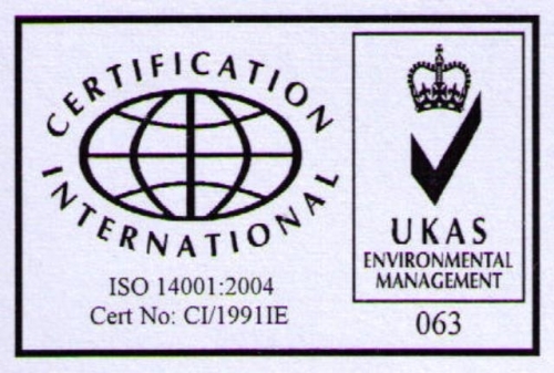 Certification badge showing ISO 14001:2004 with certificate number CI/1991IE and the UKAS Environmental Management mark (063)