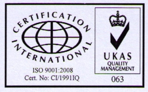 Certification International ISO 9001:2008 badge with globe logo, UKAS Quality Management checkmark, and certificate number CI/19911Q.