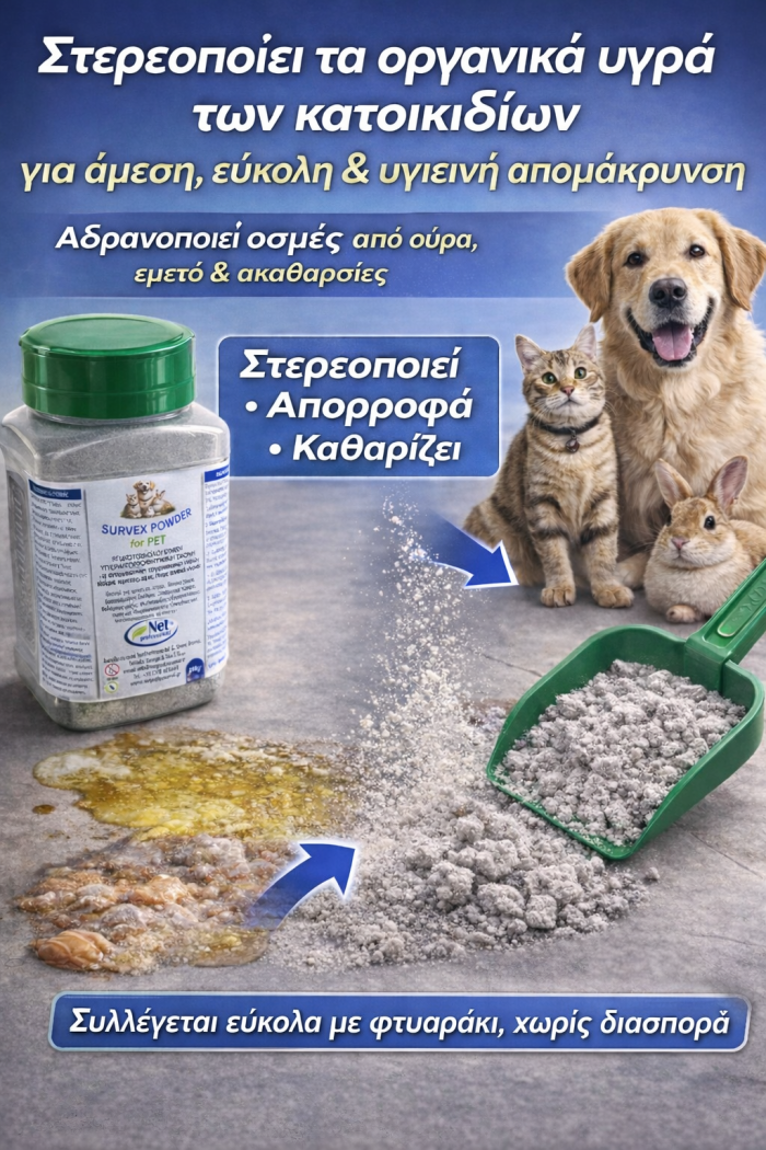 sorbex-powder-pet-3 - NetProfessionalEcology Διαφήμιση καθαριστικού κατοικίδιων: φιάλη πούδρας, σκύλος και γάτα, σκούπα με σκόνη και λεκές στο δάπεδο