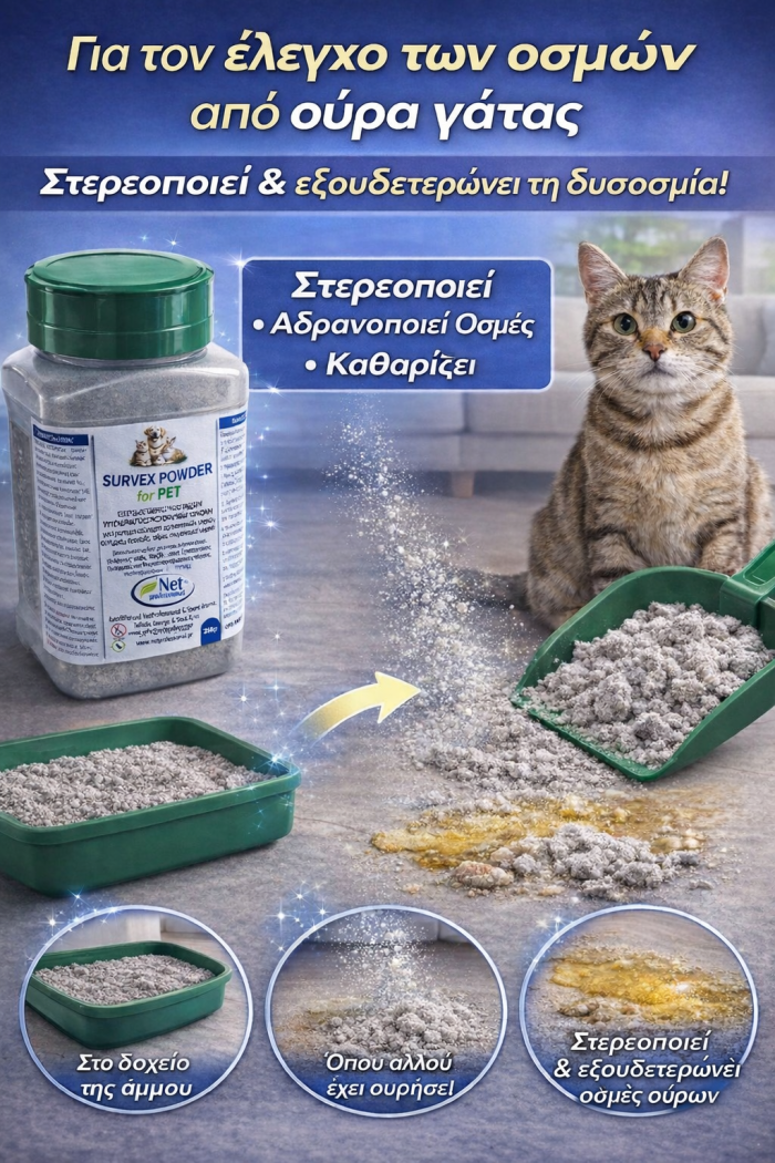 sorbex-powder-pet-5 - NetProfessionalEcology Product image: odor-control powder for pets with a cat watching as powder is scooped from green bins and sprinkled on the litter area; emphasizes odor neutralization.
